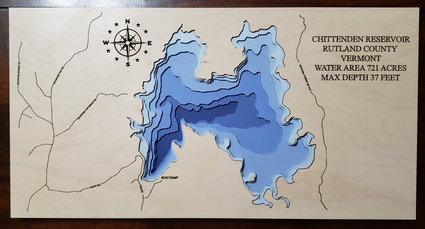 Chittenden Reservoir in Vermont depth map - 7 layers - bathymetry